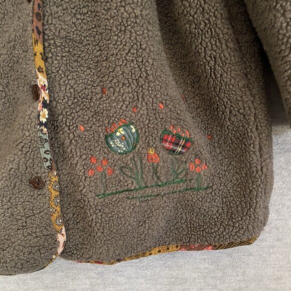 Patchwork Boho Fleece Chore Coat M/L Hooded Reversible Embroidered Cottagecore - Picture 8 of 12